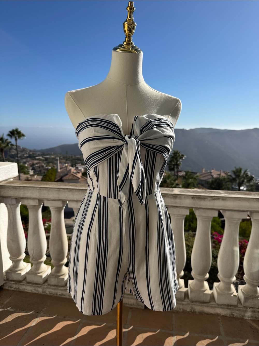 Mahina Tube Tie-Front Stripe Romper Navy Blue Cream White NWT Small